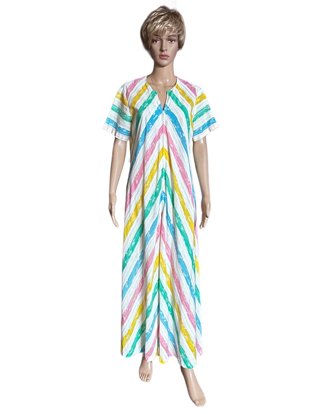 Leisure Life ~ Medium ~ Vintage ~ USA ~ Rainbow Stripes ~ Maxi Nightgown